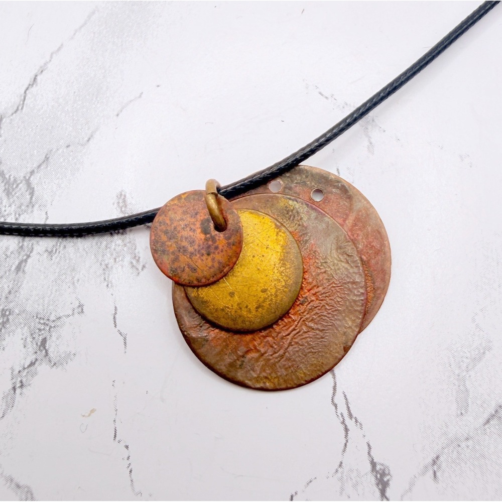 Copper Disc Pendant Necklace Black Cord Layered Artisan Boho 20–22 Inch